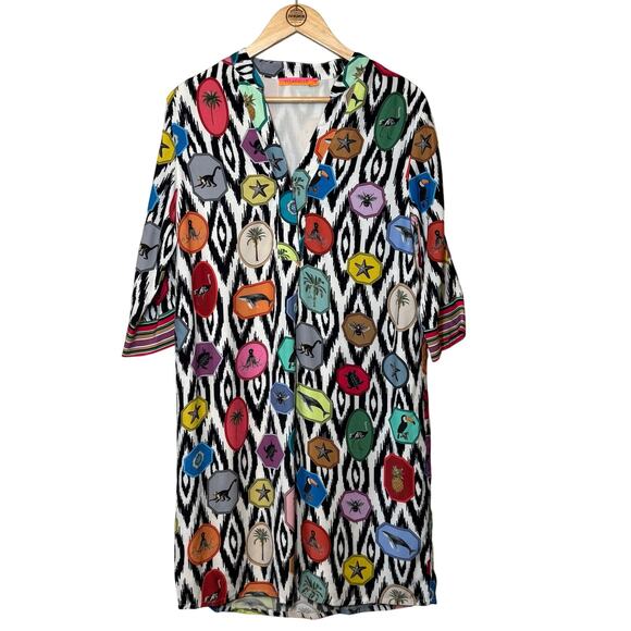 Vilagallo Women’s Ikat Exotic Animal V Neck Popover Dress Resort Cruise Size 42 - Picture 1 of 8
